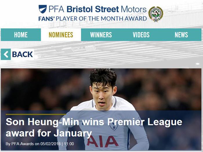Tottenham Hotspur’s Son Heung-Min is voted the fans’ player of the month for January. (Professional Footballers’ Association)